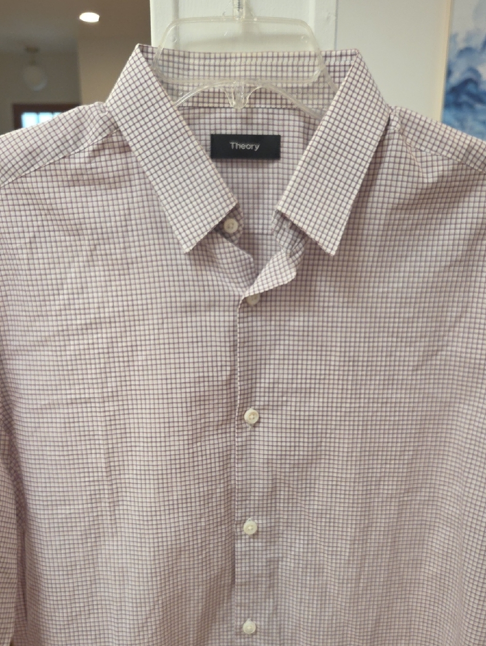 Theory Men's "Cedrick" Poplin Grid Pink and White Mini Check Dress Shirt (15.5R)